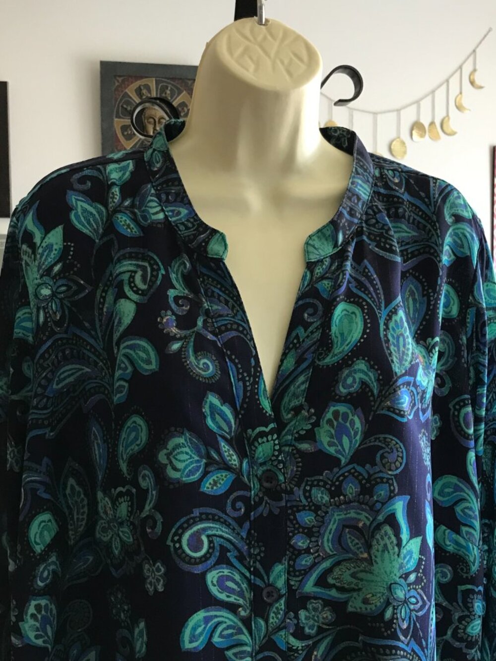 BELLE Kim Gravel size 2X Blue & Green Metallic Bohemian Paisley Print Tunic Top - Picture 2 of 4
